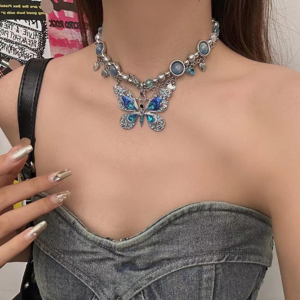 Exquisite Luxury Shining Blue Zircon Butterfly Pendant Heart-shaped Tassels Crystal Beads Necklace for Women Punk Y2K Jewelry
