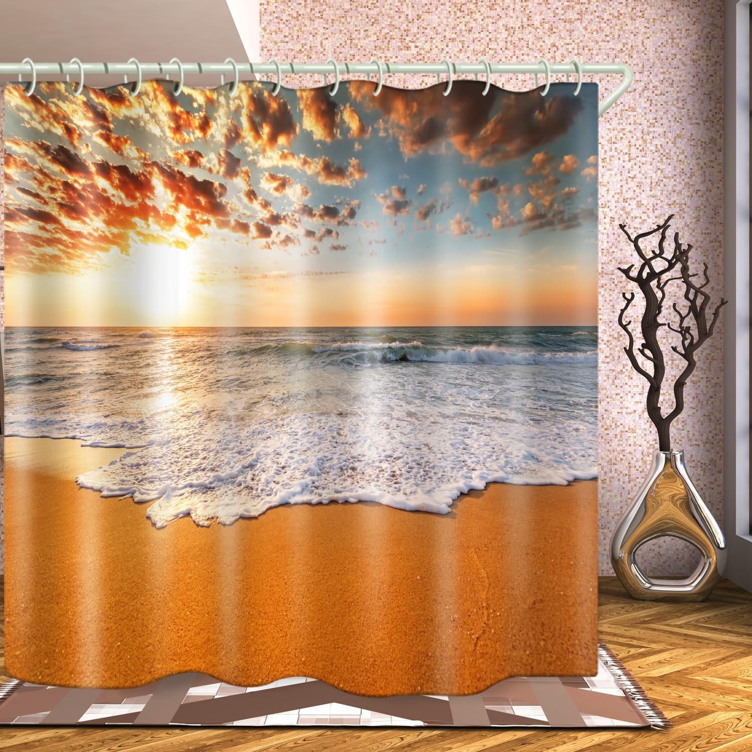 

3D Coastal Heart-Shaped Rock Decorative Shower Curtain, Fabric Bathtub Curtain With 12 Shower Curtain Hook, Waterproof W60H190(CM)-1 Pcs