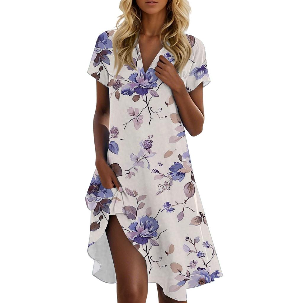 Women's Casual Fashion Stand Collar Floral Print Short Sleeve Dress