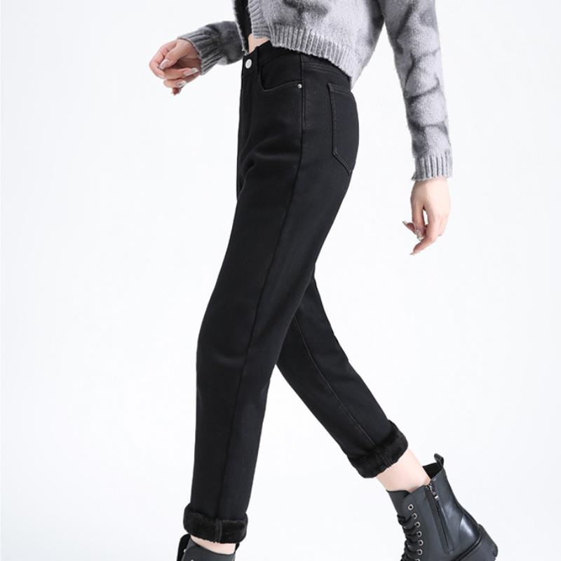

Женские однотонные повседневные джинсы с флисовой подкладкой, высокая талия, молния, утолщенные теплые брюки с карманом, простые модные узкие мягкие удобные брюки 25 чёрный