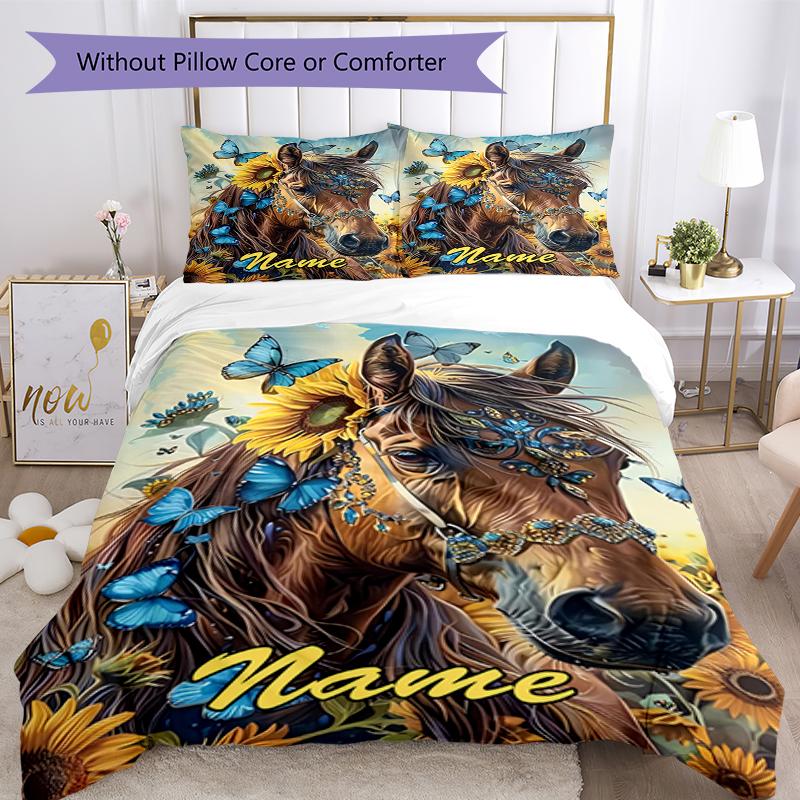 3pcs Custom Name Horse Bedding Set Duvet Cover Closure Includes 1 Duvet Cover & 2 Pillowcases, Soft and Comfortable for All Seasons.