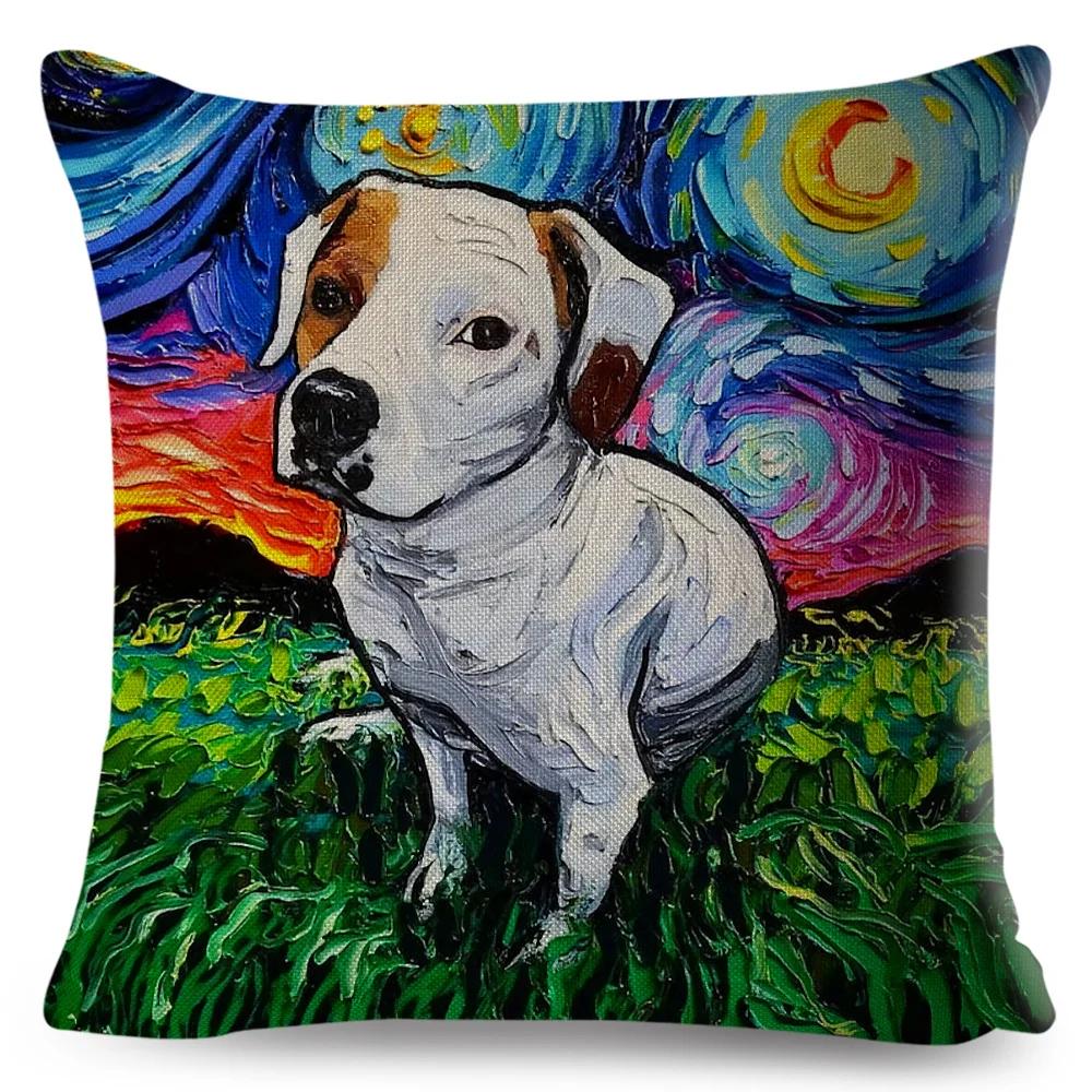 Both Sided Starry Sky Dog Cushion Cover Decor Oil Painting Cartoon Pet Animal Pillow Case for Sofa Home  Linen Pillowcase