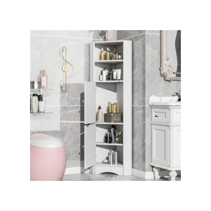 Meuble de salle de bains - MUVOE - Armoire d'angle - 36,5 x 36,5 x 155 cm - Blanc - Multi-fonctionnel