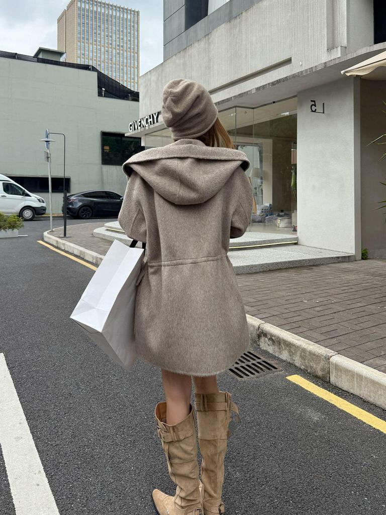 Damen Koreanischer Kaschmirmantel mit Kapuze und Reißverschluss, doppelseitig: Einfarbig, Mittellang, Vielseitig und Verdickt Lockeres Oberbekleidungsstück.