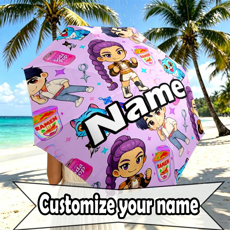 Custom Name Personalized KPop Demon Hunters Print Umbrella, Auto Open Close, 8‑Rib Sturdy Frame, Commute Camping Hiking Use, Birthday Gift