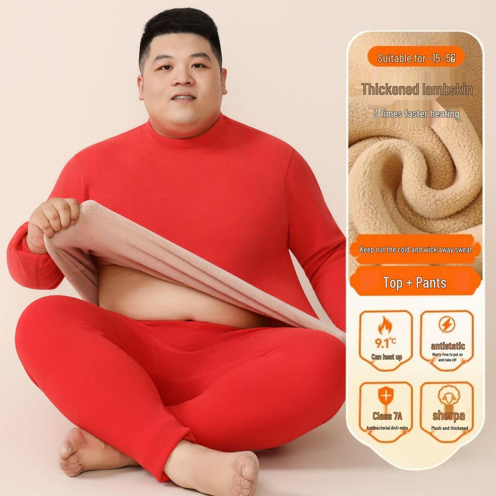 Unisex Plus Size Thermal Underwear Set with Thickened Velvet and Lambskin, Round Neck, for Autumn and Winter