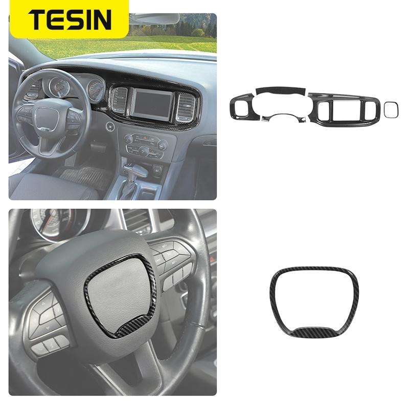Car Carbon Fiber Grain Central Control Steering Wheel Gear Shift Decoration Cover for Dodge Charger 2015 Up Interior Accessories