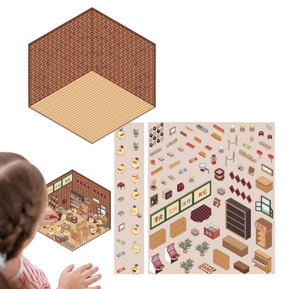 Miniature House Scene Stickers Funny Scrapbook Decals 3D Effect Small Room Scene Decals For Kids Miniature House Sticker
