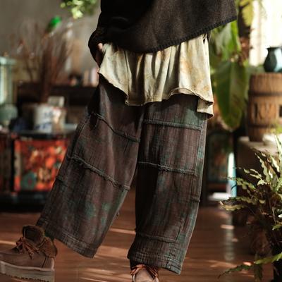 Vintage Women Wide Leg Pants Elastic Waist Loose Patchwork Trousers Autumn Print Floral Long Pants