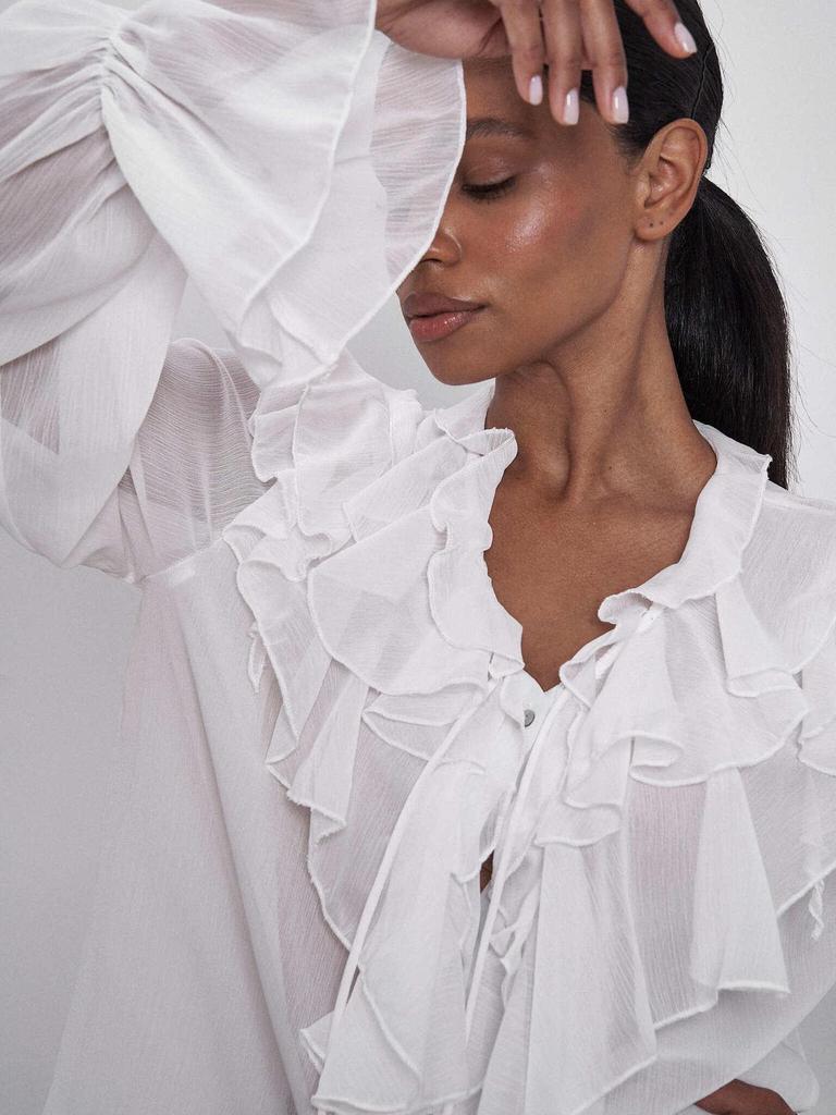 Stylish European & American Tie-Up Puff Sleeve Ruffle V-Neck Blouse - Solid Color Women's Spring Top