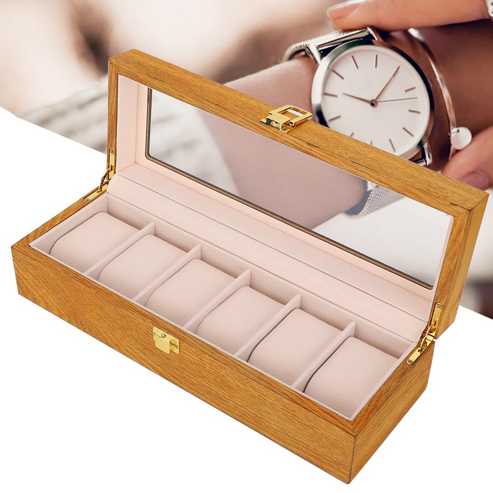 Wooden 6 Grid Watch Display Box Transparent Window Watch Storage Box Case