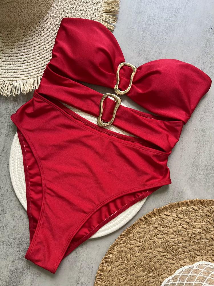 3 Colors Sexy Metal Rings Cut Out Women Swimwear One Piece Swimsuit Female Bandeau High Leg Cut Bather Bathing Suit Swim