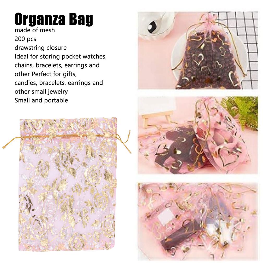 200 Pcs Organza Bag Drawstring Closure Print 6.3x4.3in Mesh Gifts Bags Organza Jewelry Mesh Pouch