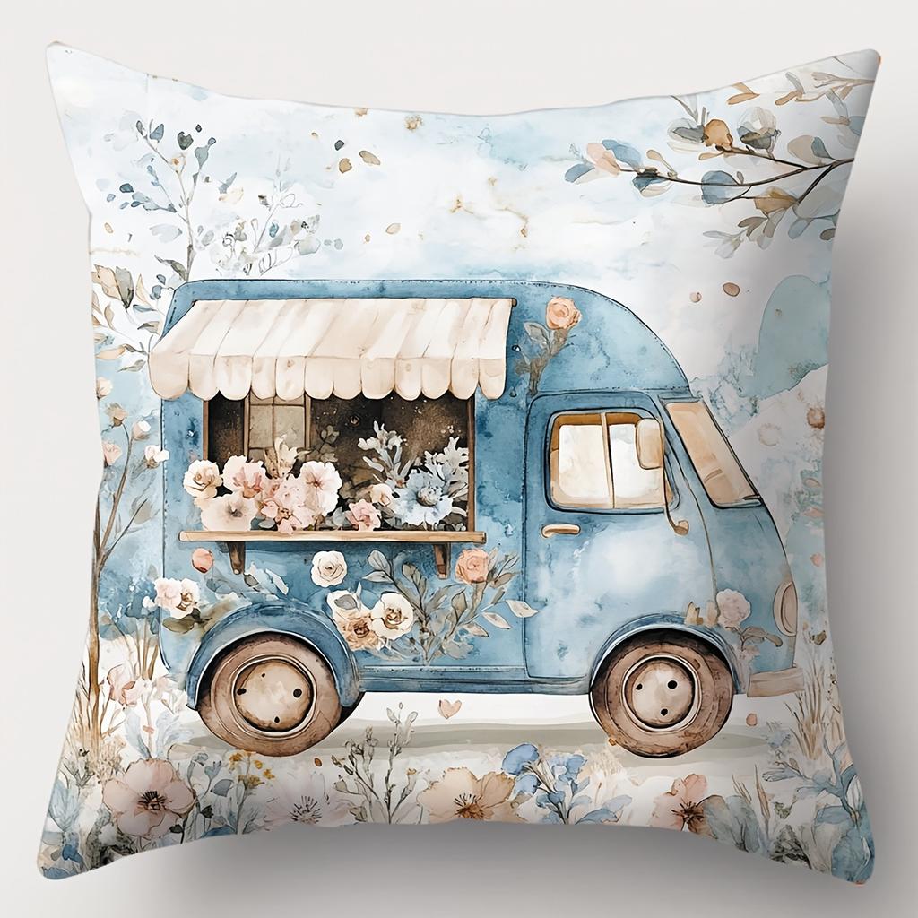 Blue Floral Patterned Cushion Covers With Cottage Scenes Polyester pillowcase, sofa decorative cushion cov Headboard Pillow