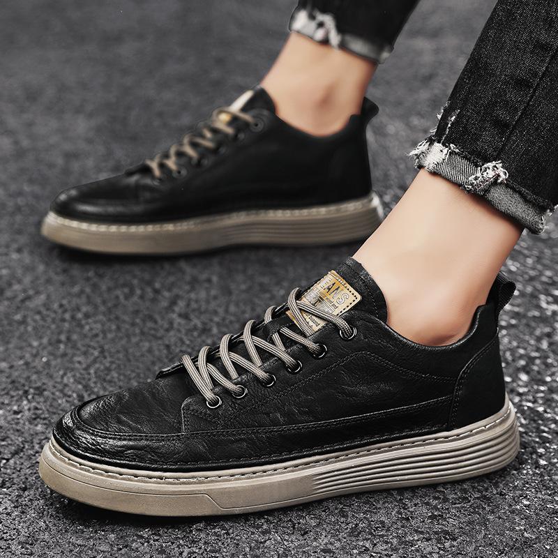 Four Seasons Versatile Casual Board Shoes Men's Low-top Leather Casual Shoes Black Lace-up Retro Daily Workwear Men's Shoes Autumn and Winter