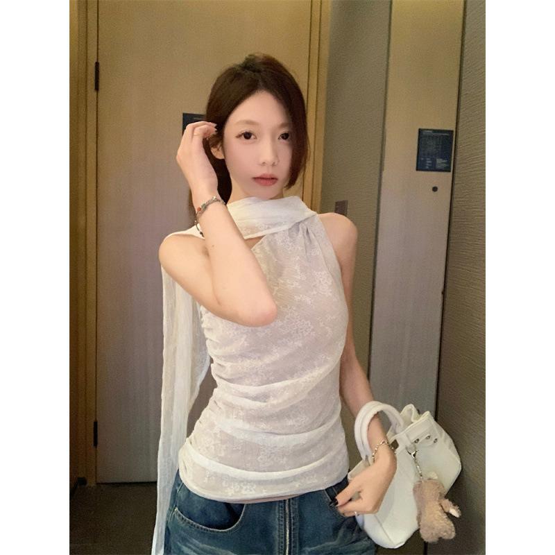 Real Price~ White Lace Neck Sling Top, Women's Summer Pure Desire To Hug Tightly, Sleeveless Vest