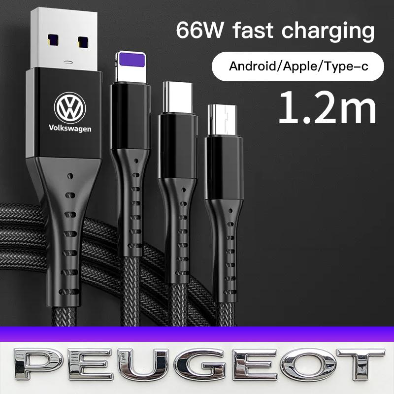 USB Car 3-in-1 Phone Charging Cable Auto Accessories Valve Cap For VW Golf Amarok T5 Phaeton Teramont ID3 Tiguan T-Cross Passat
