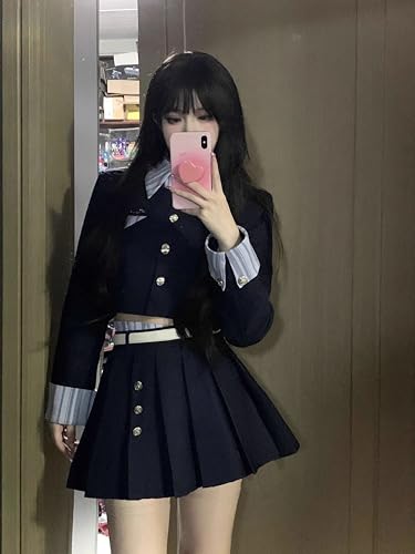 Hosaku Co., Ltd. Women's School Blazer, Sailor Suit, Lolita/Gothic Lolita Style, Two-Piece Set, Long Sleeves, Pleated Skirt (Black/Navy, Size L)