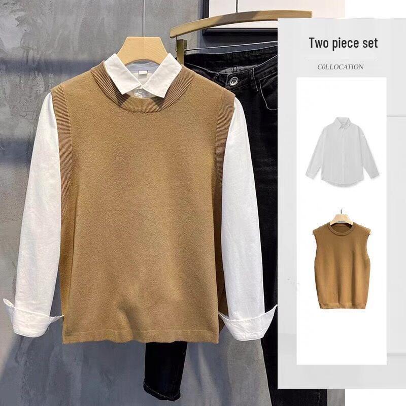 Men s Stylish Knit Sweater: 2025 Autumn & Winter Double-Layer Comfort with Collared Shirt Design L