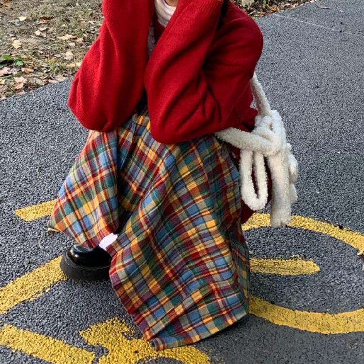 Christmas Rainbow Plaid Woolen Pleated Skirt Japanese High-waisted Slim Skirt Sweet Vintage Fashion Faldas Para Mujeres