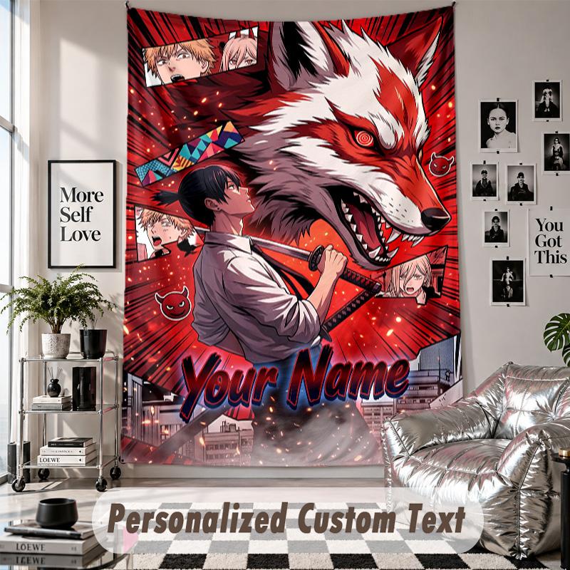 Tapeçaria de Parede com Nome e Texto Personalizados, Tapeçaria Decorativa Chainsaw Man Para Quarto