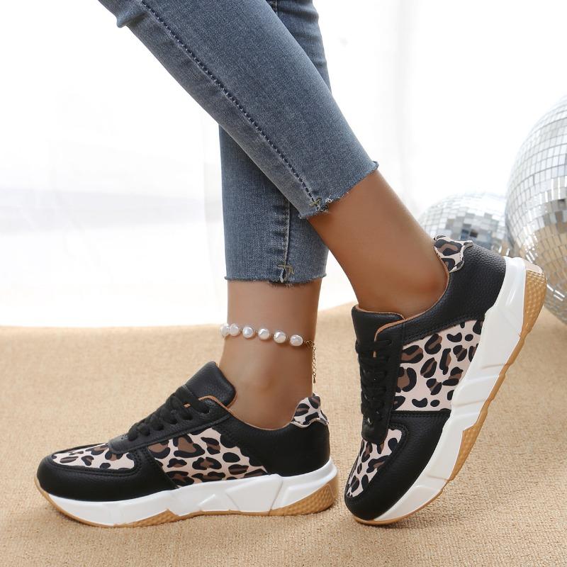 Fashion Platform Sneakers Woman Round Toe Low-top Leopard Wedge Shoes Women's Size 43 Lace Up Casual Walking Jogging Sports Trainers