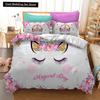 Kids Unicorn Eyelash Pink Princess Duvet Cover King Queen Bedding Set Fairy Magic Animal Closed Eye 2/3pcs Polyester Quilt Cover