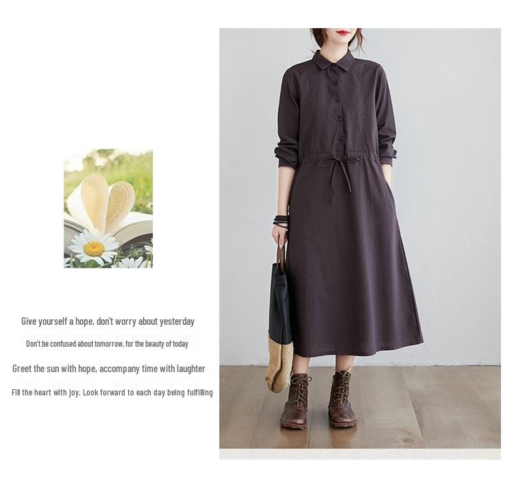2025 Autumn Korean Style Cotton-Linen Polo Collar Elegant Long Sleeve Shirt Dress