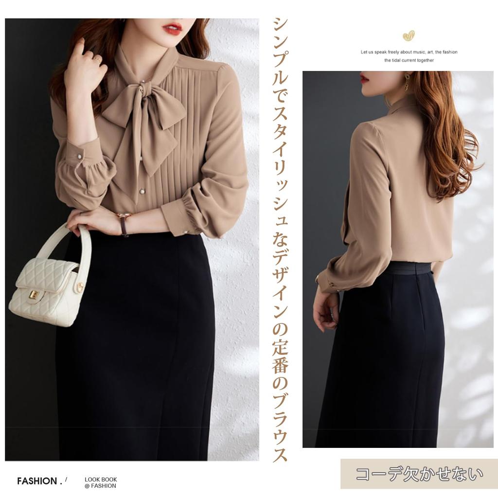 JLBOCMGT Chiffon Long Sleeve Blouse with Ribbon and Bow Open Solid Loose Plus Office Elegant Korean Women's Shirt, Tie, Front, Color, Fit, Slimming,