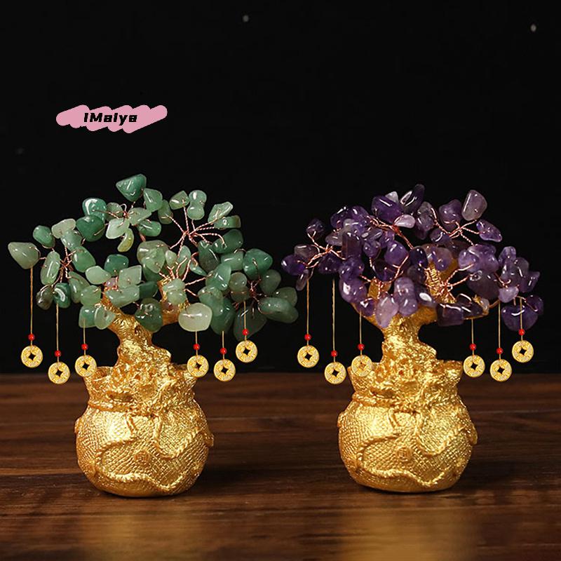 M-New 1PC Lucky Tree Wealth Yellow Crystal Tree Natural Money Tree Ornaments Bonsai Style Wealth Luck Feng Shui Ornaments Craft