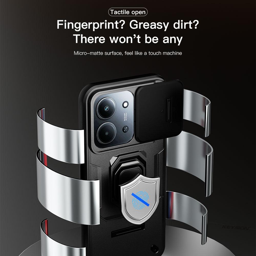 KEYSION Shockproof Armor Case for Redmi 15C 171mm 173mm Slide Camera Lens Protection Metal Ring Stand Phone Back Cover for POCO C85