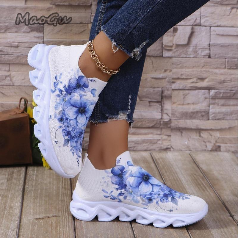 Letters Floral Print Platform Sneakers for Women Knitting Casual Sports Shoes Woman Non Slip Breathable Running Shoes