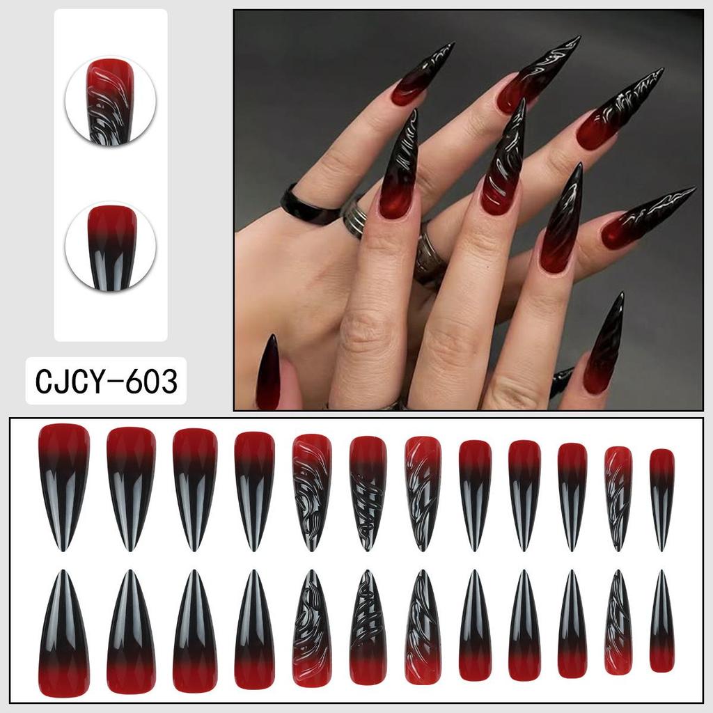 3D Stereoscopic Marbled Gradient Wearable Fake Nails, Long Pointed Red and Black Nail Tips - 24 Pieces