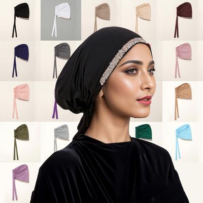 Shiny Rhinestone Hijab Muslim Inner Hijab Elastic Women Plain Solid Color Turban Undercaps Premium Soft Jersey Hijab Headband