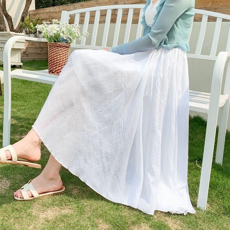 Women's Elegant Loose High Waist Linen Maxi Skirt Summer Ladies Oversized Casual Elastic Waist 2 Layers Skirts