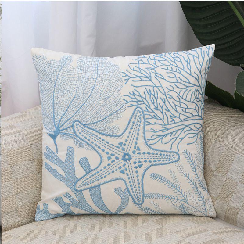 Federa Cuscino Ricamata con Stella Marina Coralli Foglie Spiaggia Copricuscino Schienale Cotone Casual per Divano Camera da Letto Decorazione 45X45Cm