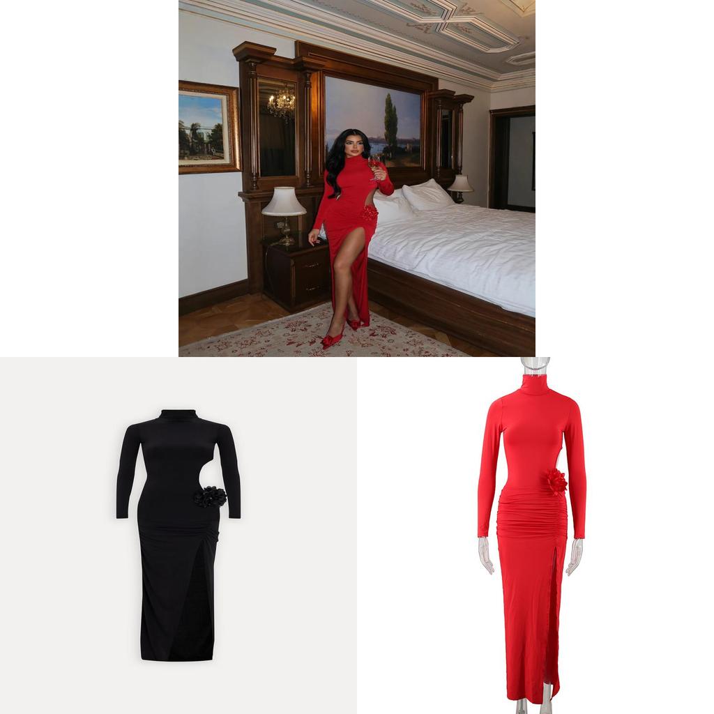 Sexy Red Satin Night Dress With 3d Floral Embellishments For Evening Wear