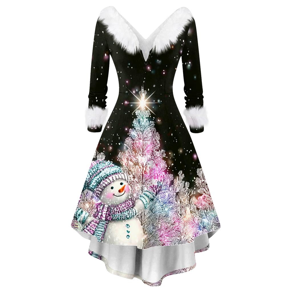 Damesmode Elegante Herfst En Winter Lange Mouw V-Hals Kerstprint Jurk