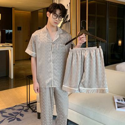 Übergröße Herren Frühling und Herbst Pyjama Set 3-teilig Kurzarm Kurze Hose und Lange Hose Loungewear Jacquard Sommer Dünn Eisseide Hausanzug Set