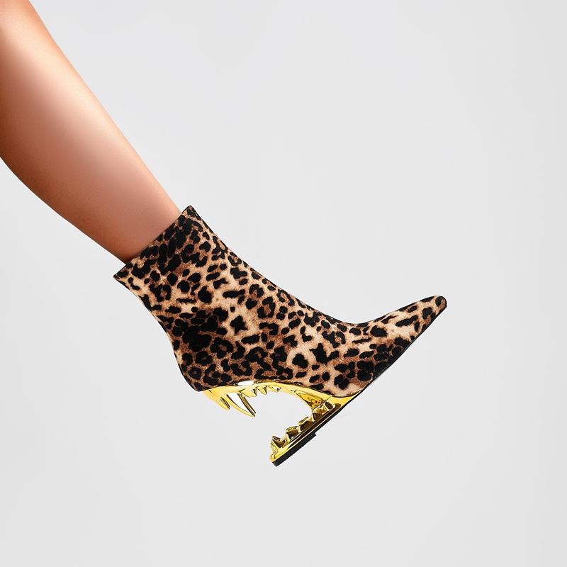 Fashion Kaky's New Leopard Print Pointed Toe High Heel Wolf Teeth Slope Heel Large Women's Boots Short Boots