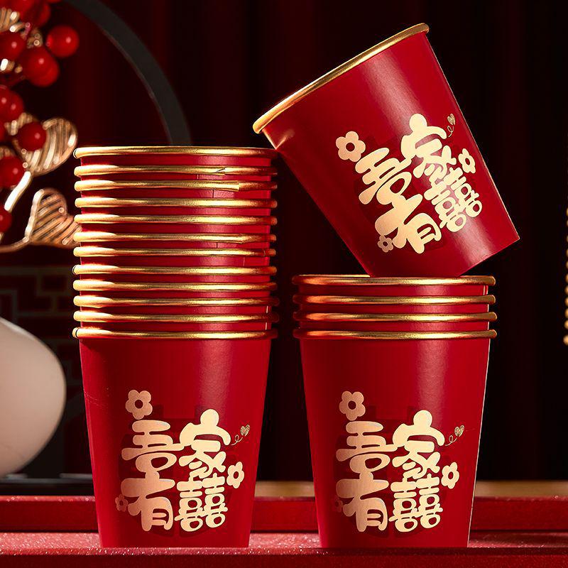 Luxurious Gold Thickened Disposable Wedding Cups - Elegant Red Tea Cups for Banquets & Household Use