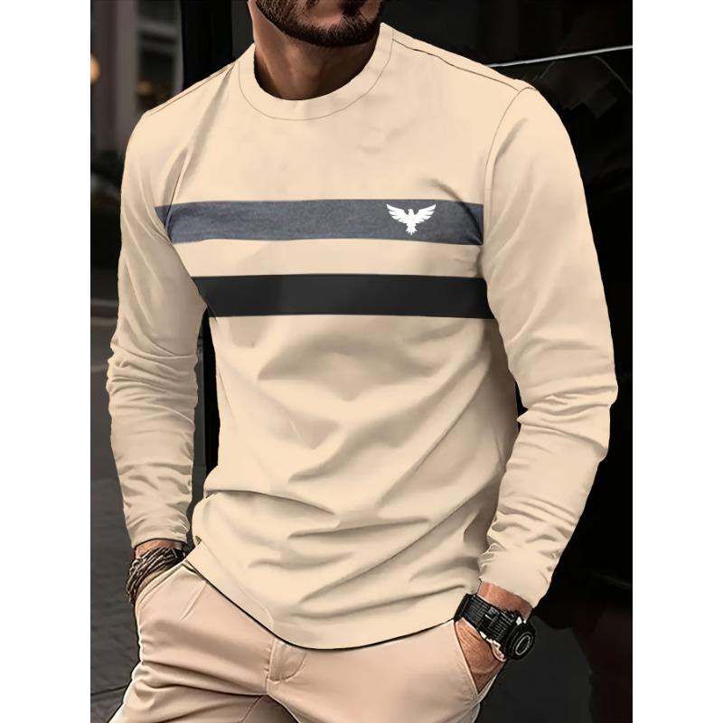Fashionable and Casual Men's Bird Print Pattern Long-sleeved Shirt, Comfortable and Breathable T-shirt (Light Photon Selection)