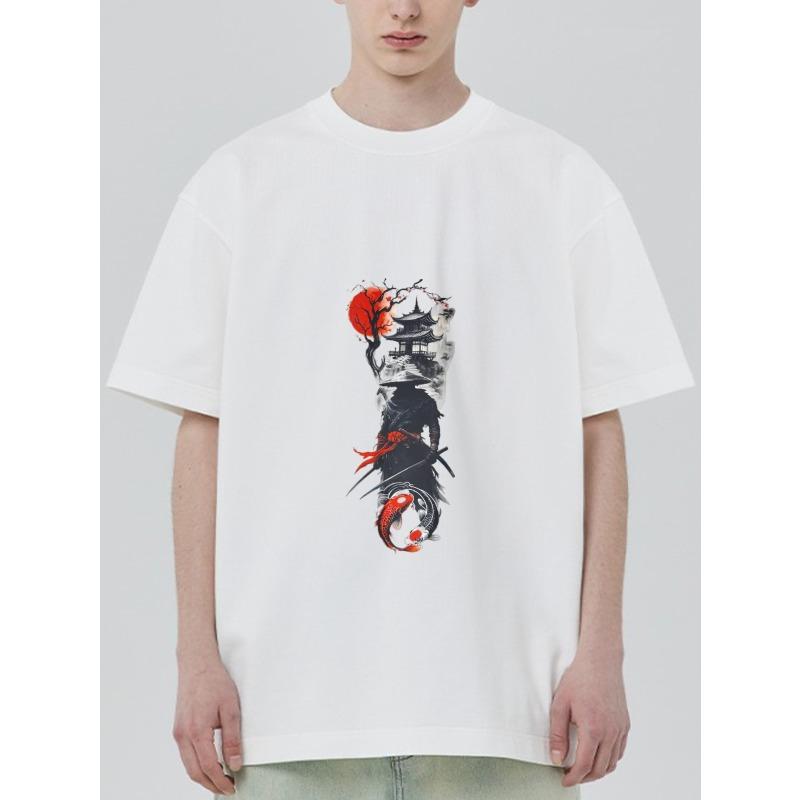 

Crewneck T Shirt White Japanese Pagoda Koi Fish Red Moon Art Print Casual Streetwear Unisex Top for Daily Wear and Outings XXXXL белый