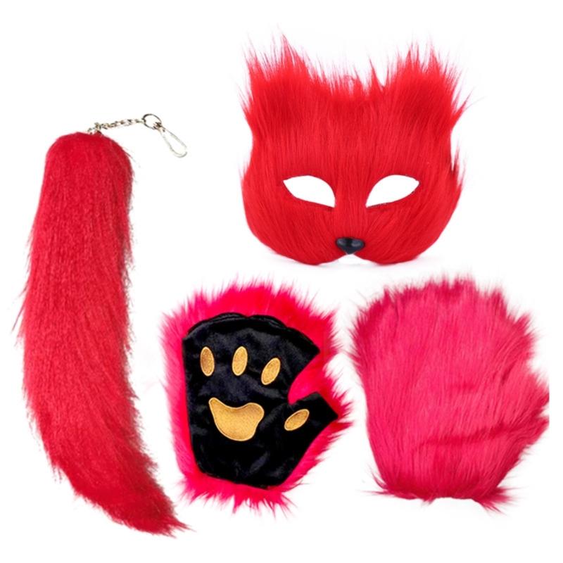 Animal Face Cover Foxes Tail Furry Gloves Plush Animal Tail Foxes Face Cover Paws Gloves for Halloween Cosplay Parties