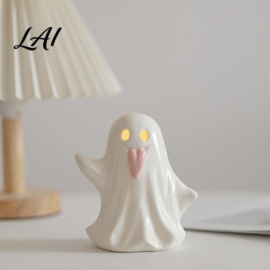 Small Ghost Figurine Vase Light Up Ceramic Figurines for Halloween Decor Cute White Statue Decorative Sculpture with Pink Tongue LED Night