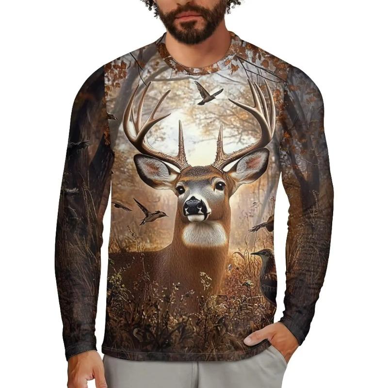 

Мужские футболки с круглым вырезом и 3D-принтом оленя, повседневные с длинным рукавом - Мягкая полиэстеровая ткань средней эластичности, одежда для весны и осени, свободного кроя 5XL