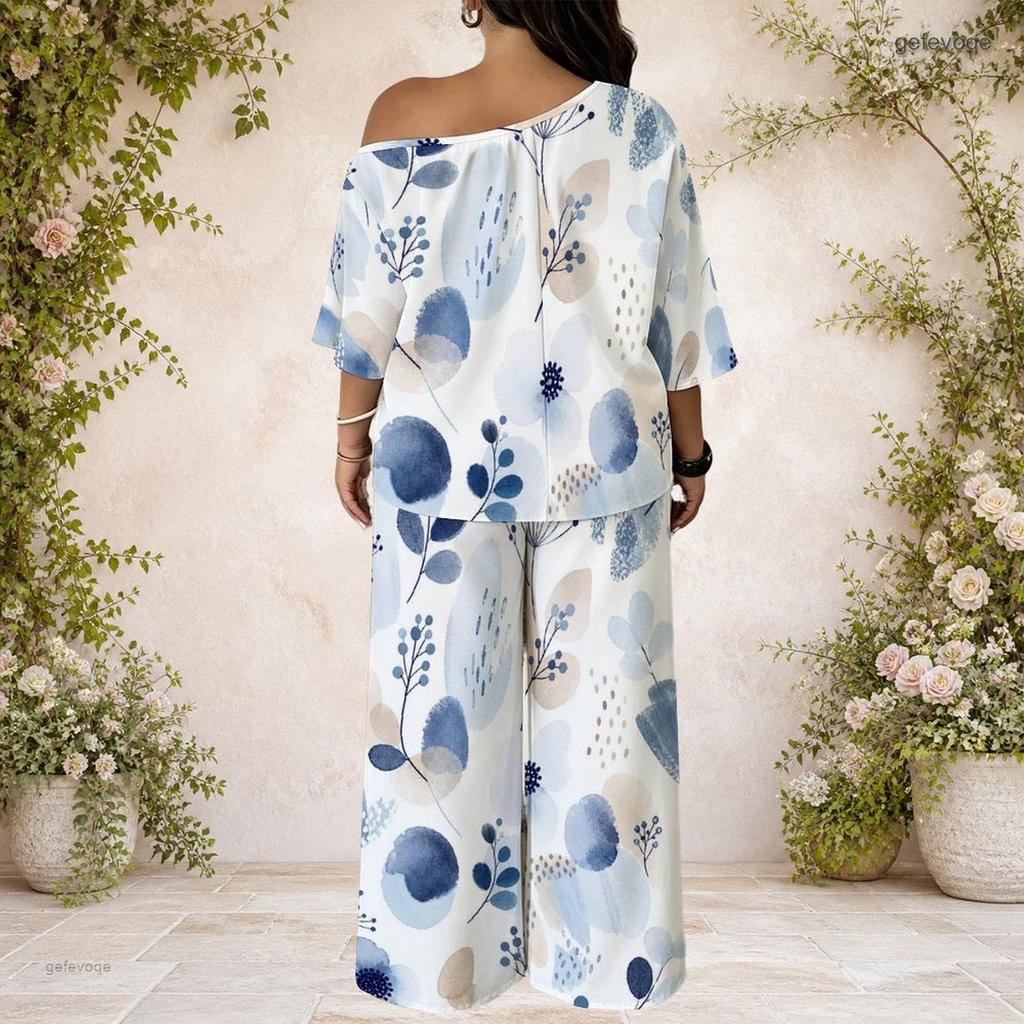 Plus Size Women Two Piece Matching Ensemble Batwing Sleeve Top Loose Long Pants