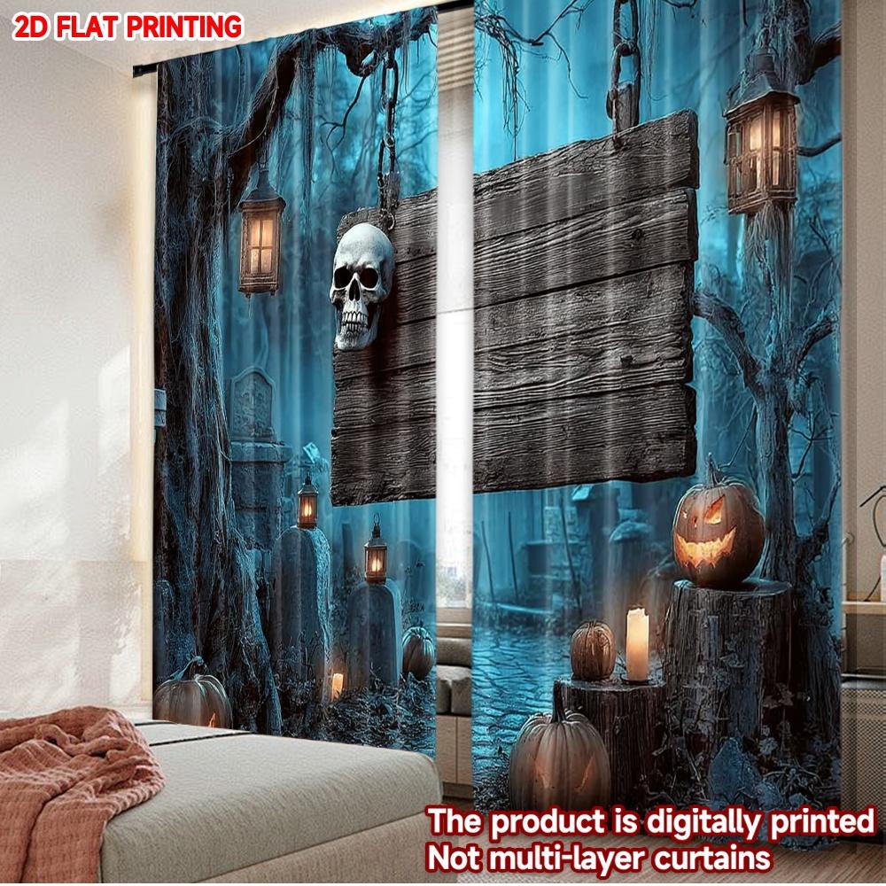 2D flat printing 2pcs Drapes Halloween Spooky Pumpkin Lanterns Digital Printed Polyester Drapes Birthday Party for Indoor