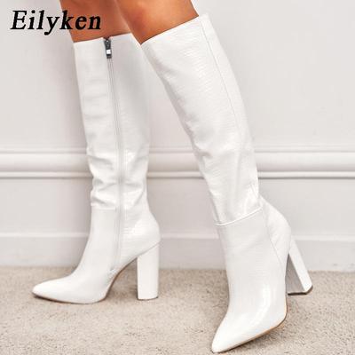 Fashion Women Knee-High Boots Pointed Toe Zipper Chunky High Heels Shoes Autumn Winter Female Long Boots Footwear Shoes