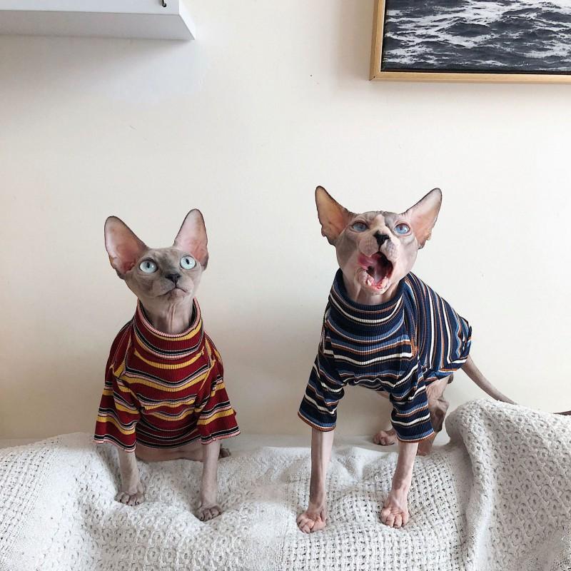 Sphynx Cat Clothing High Neck Striped Short Sleeve T-Shirt Hairless Cats Comfortable Indoor Cooling Wear